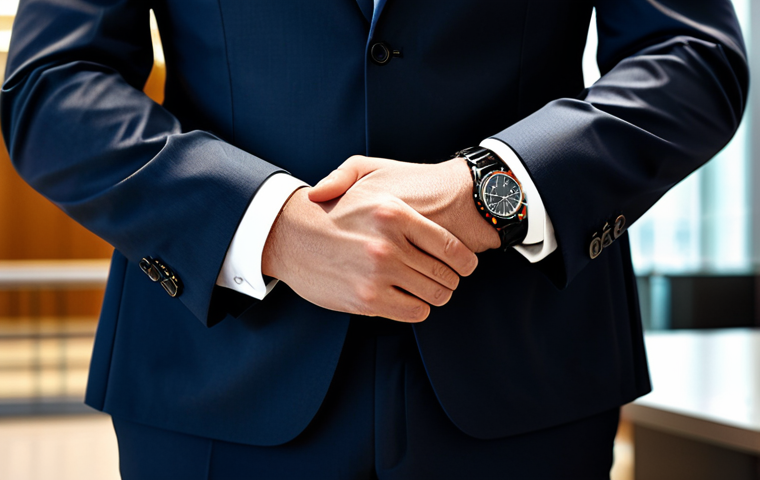 A confident professional wearing a sophisticated Hamilton Jazzmaster watch on their wrist, standing in a contemporary office lobby. The individual is fully clothed in a modest, dark business suit. The background features blurred modern architecture and warm, inviting lighting. The image emphasizes timeless design and everyday elegance. Professional photography, natural pose, perfect anatomy, well-formed hands, correct proportions, high quality, safe for work, appropriate content, fully clothed, professional.
