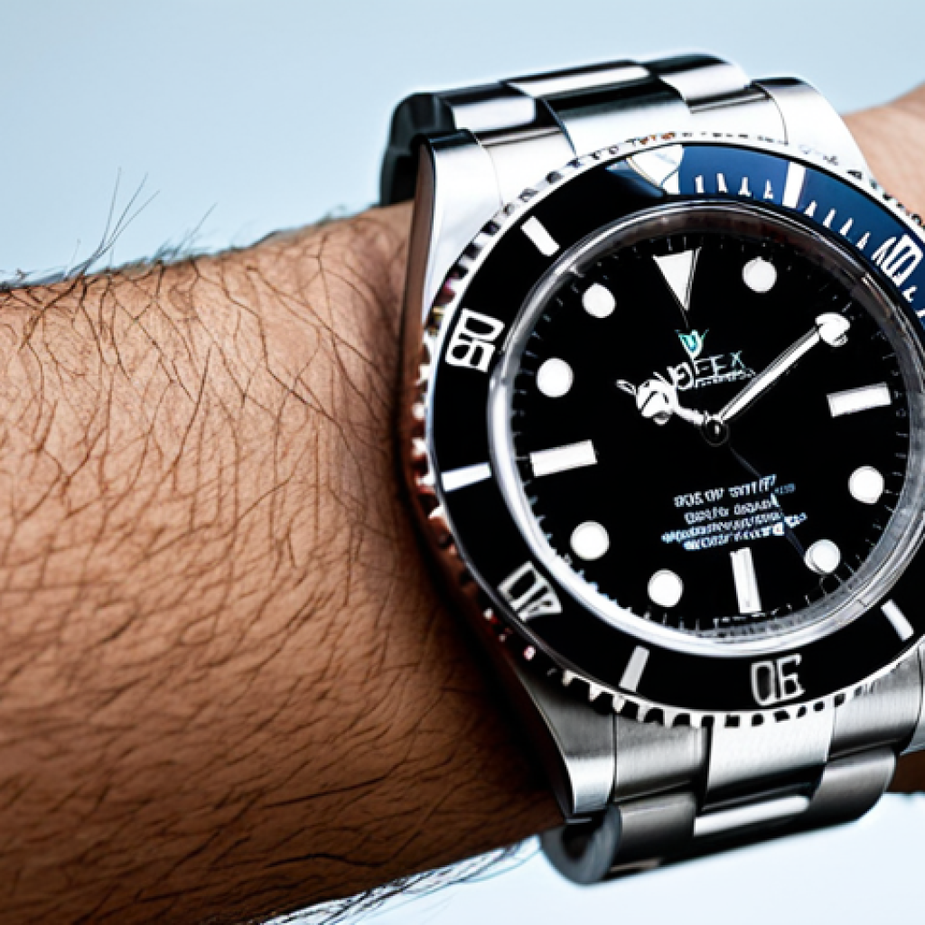 **

"A high-quality professional photograph of a Rolex Submariner watch on a wrist. The watch is stainless steel with a black dial and a unidirectional rotating bezel. The setting is a modern, minimalist office with natural light. The person wearing the watch is in a fully clothed, modest business casual outfit, appropriate attire.  Focus on the watch details. Safe for work, perfect anatomy, correct proportions, professional photography, high quality."

**