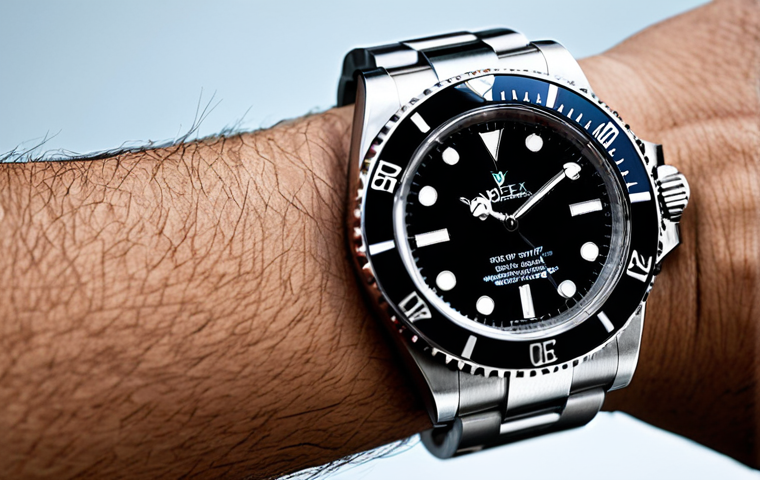 **

"A high-quality professional photograph of a Rolex Submariner watch on a wrist. The watch is stainless steel with a black dial and a unidirectional rotating bezel. The setting is a modern, minimalist office with natural light. The person wearing the watch is in a fully clothed, modest business casual outfit, appropriate attire.  Focus on the watch details. Safe for work, perfect anatomy, correct proportions, professional photography, high quality."

**