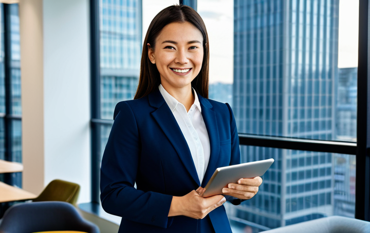 **

"A professional businesswoman in a tailored, dark blue business suit, standing confidently in a modern office with large windows overlooking a cityscape. She is holding a tablet and smiling slightly. Background includes blurred office workers and contemporary furniture. Fully clothed, appropriate attire, safe for work, perfect anatomy, natural proportions, professional photography, high quality, family-friendly."

**