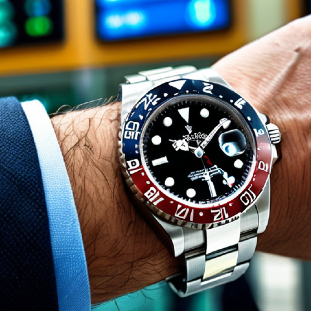 A Traveler's Wrist**

"Close-up of a fully clothed traveler's wrist wearing a Rolex GMT-Master II. The watch is clean and well-maintained, showcasing the Oystersteel and Cerachrom bezel. Focus on the watch face displaying two time zones. Background shows a blurred airport terminal. Safe for work, appropriate content, professional watch photography, perfect anatomy (hand), correct proportions, high quality, well-formed hand, proper finger count, natural body proportions, professional, modest."

**