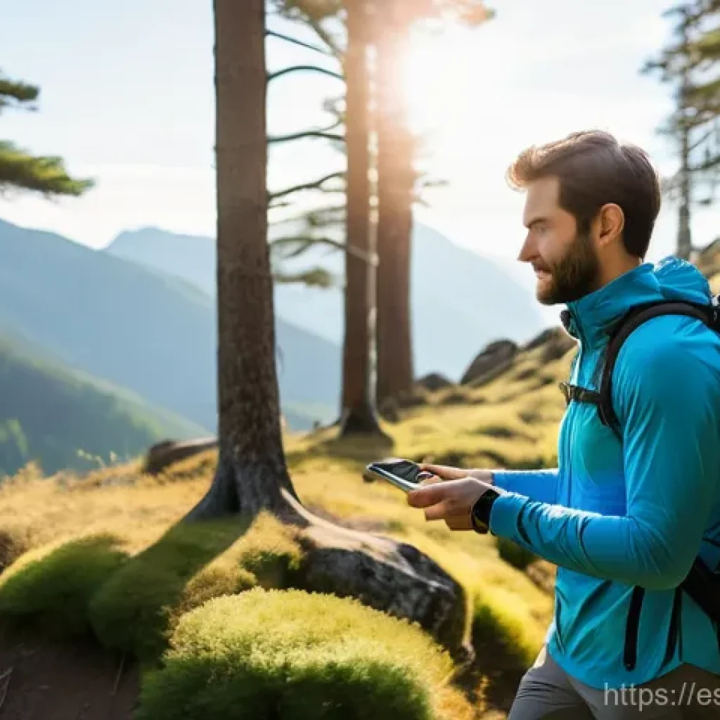 GPS 스마트워치 모델 추천 - A male hiker, mid-30s, athletic build, wearing modern outdoor apparel including a long-sleeved techn...