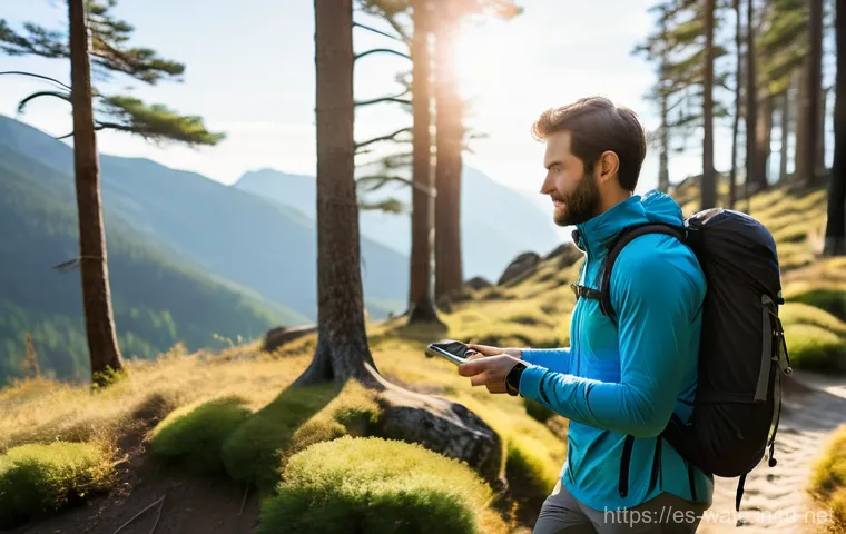 GPS 스마트워치 모델 추천 - A male hiker, mid-30s, athletic build, wearing modern outdoor apparel including a long-sleeved techn...