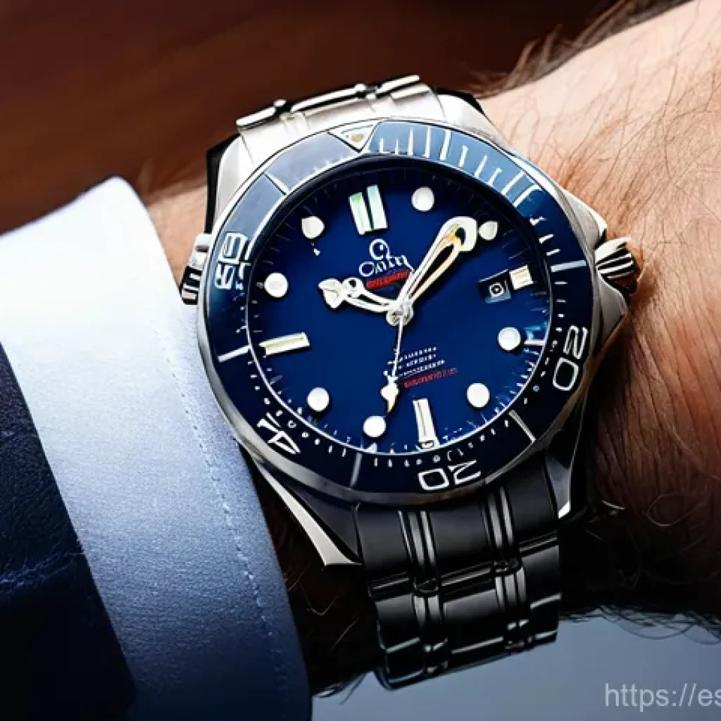 오메가 씨마스터 다이버 300m 리뷰 - **Prompt:** A close-up, high-definition shot of an Omega Seamaster Diver 300m watch on a male wrist....