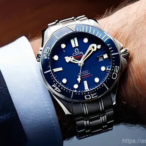오메가 씨마스터 다이버 300m 리뷰 - **Prompt:** A close-up, high-definition shot of an Omega Seamaster Diver 300m watch on a male wrist....