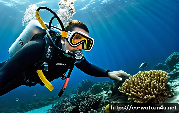 세이코 다이버 시계 추천 모델 - **Underwater Explorer with Vintage-Inspired Seiko Diver**
    "A male diver, approximately 30-40 yea...