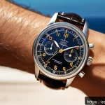 크로노그래프 시계의 활용법 - A stylish close-up of a classic mechanical chronograph wristwatch on a Spanish man's wrist, featurin...