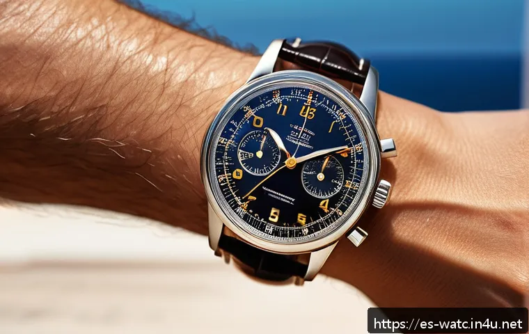 크로노그래프 시계의 활용법 - A stylish close-up of a classic mechanical chronograph wristwatch on a Spanish man's wrist, featurin...