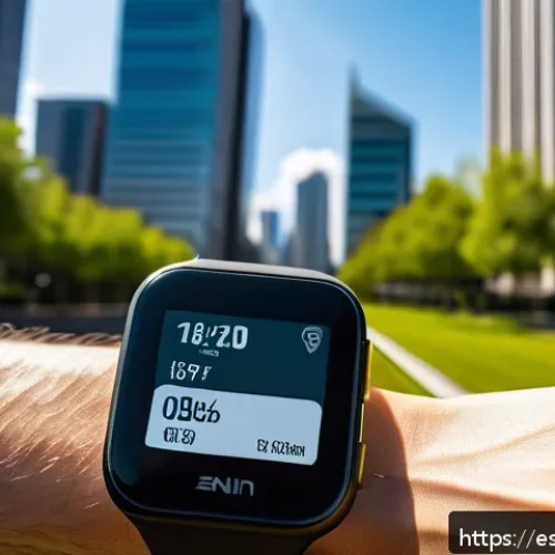 스마트워치 내장 GPS 비교 - A detailed close-up of a sporty smartwatch worn by a runner on an urban trail surrounded by tall mod...