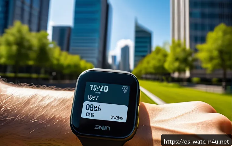 스마트워치 내장 GPS 비교 - A detailed close-up of a sporty smartwatch worn by a runner on an urban trail surrounded by tall mod...