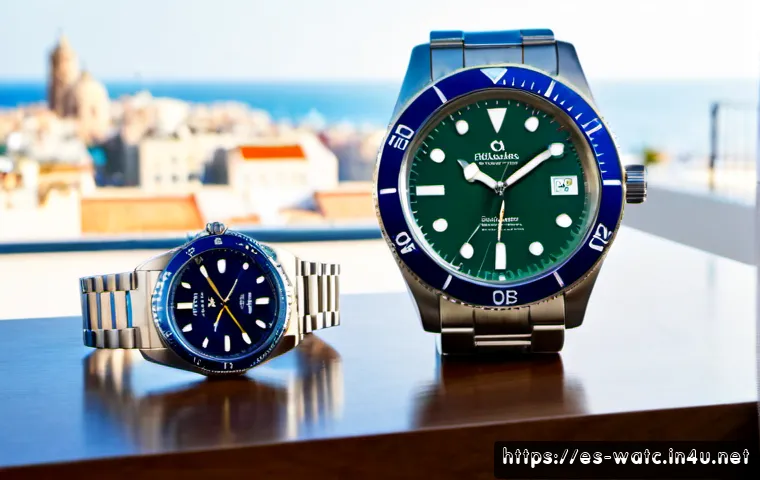 오메가 씨마스터와 아쿠아테라 비교 - Photorealistic luxury watch comparison on a polished walnut table in a sunlit Barcelona apartment: a...